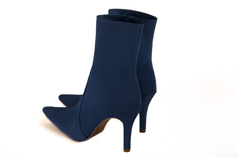 Navy blue women's ankle boots with a zip on the inside. Pointed toe. High slim heel. Rear view - Florence KOOIJMAN